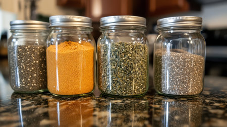 Four glass jars filled with various seeds, including pumpkin, hemp, and chia, sit on a kitchen countertop, showing healthy ingredients.の素材