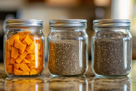 Three glass jars display vibrant pumpkin, nutritious hemp seeds, and healthy chia seeds, highlighting food preparation in a warm kitchen.の素材