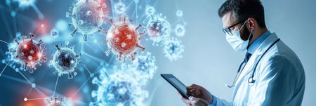 A doctor in a white coat uses a tablet to analyze virus images, focusing on the details of the viral structure in a lab setting.の素材