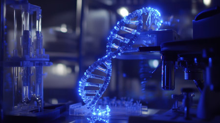 A mesmerizing view of a DNA double helix model displayed in a modern laboratory, illuminated by blue light during scientific research.の素材