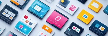 A grid layout presents various social media app interfaces showing different functionalities for user interaction and engagement analysis.の素材