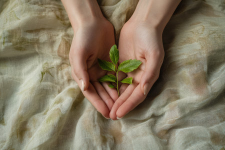 Tender hands support a small seedling, showcasing new growth and connection to nature in a peaceful indoor setting.の素材