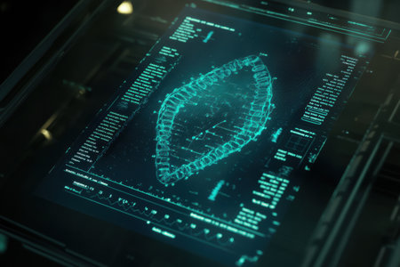 A detailed digital representation of DNA is prominently shown on a screen in a laboratory, highlighting genetic information.の素材