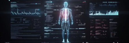 A digital interface highlights human DNA encoding alongside various health metrics and data points in a high-tech laboratory environment.の素材