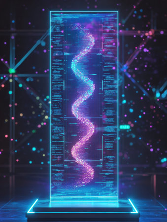 A vibrant display shows a glowing DNA helix swirling with particles in a modern lab, emphasizing the complexity of genetic data.の素材
