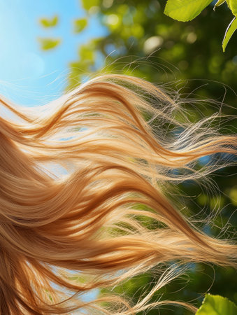 A woman stands outdoors, her golden hair gently flowing in the breeze as sunlight filters through lush green leaves around her.の素材
