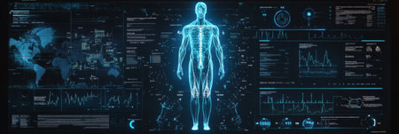 A digital display showcases intricate DNA sequences and detailed human anatomy models in a contemporary research environment.の素材