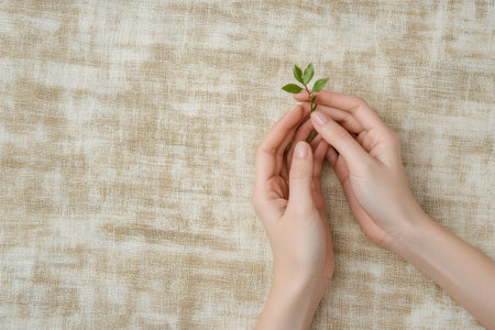 Two hands are carefully cradling a small seedling with vibrant green leaves on a soft, neutral fabric backdrop indoors.の素材