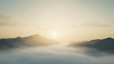 Golden sunlight breaks through the clouds, casting a warm glow over the tranquil mountains and rolling fog below.の素材
