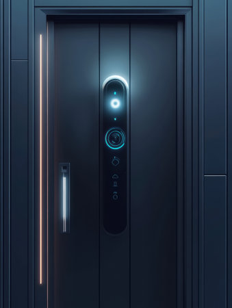 This home entrance showcases innovative security features like cameras, motion sensors, and a fingerprint scanning lock for protection.の素材