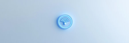 A blue Wi-Fi symbol displayed on a smooth light background represents wireless internet connectivity for devices in various environments.の素材