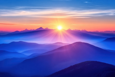 The sun rises majestically over a mountain range, casting colorful rays and illuminating the serene, layered hills at dawn.の素材