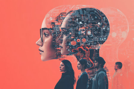 A diverse group of individuals stands together, engaged and looking towards an abstract AI system that represents technological advancement.の素材