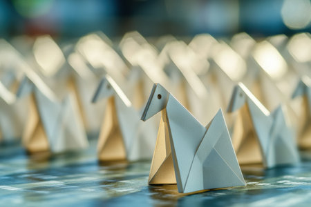 Colorful origami animals are showcased on a shiny surface in a brightly lit room during a crafting event, attracting art enthusiasts.の素材