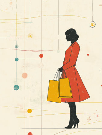 A silhouette of a woman stands confidently with shopping bags against a whimsical, colorful backdrop, suggesting a vibrant shopping experience.の素材