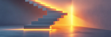 A sleek, modern stairway with soft orange lighting creates an inviting atmosphere in a minimalist interior setting.の素材
