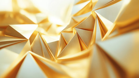 Intricate golden triangles reflect light in a captivating abstract formation, showcasing a blend of elegance and warmth in design.の素材