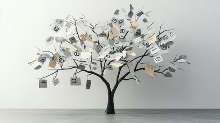 A surreal tree features abstract branches covered with discount symbols and price tags instead of leaves, placed in a simple interior.の素材