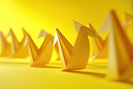 A series of yellow origami ducks are neatly lined up against a vibrant yellow backdrop, showing intricate folds and details.の素材