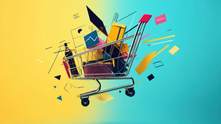 A colorful, abstract shopping cart of geometric shapes on a vibrant background symbolizes modern commerce.の素材