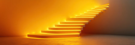 Warm orange light enhances the elegant design of the spiral stairs, creating a cozy and inviting ambiance in a contemporary space.の素材