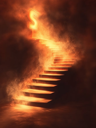 Flames dance around a staircase leading into darkness, highlighted by a luminous letter in an eerie ambiance, creating a mysterious allure.の素材