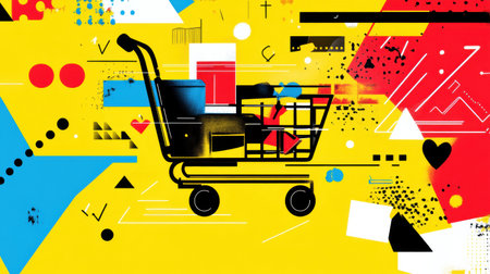 An artistic depiction showcases a shopping cart composed of diverse geometric shapes and flowing lines, set against a bright yellow background.の素材