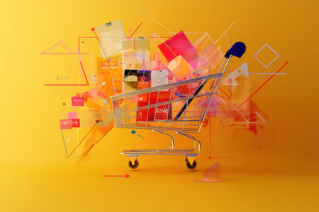 A geometric shopping cart on a vibrant yellow background with colorful bursts symbolizes dynamic retail creativity.の素材