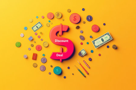Colorful representation of discounts and deals with coins and dollar bills creatively arranged on a vibrant yellow backdrop.の素材