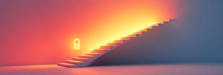 Steps ascend towards a luminous door, casting warm light against cool walls, evoking curiosity and intrigue in the setting.の素材