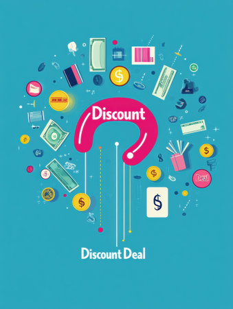 Bright illustration showing various money-related symbols, including cash, coins, and discount signs, promoting savings and deals.の素材