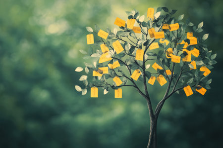 A surreal tree features branches adorned with discount symbols and price tags, set against a lush green backdrop, symbolizing shopping and sales.の素材