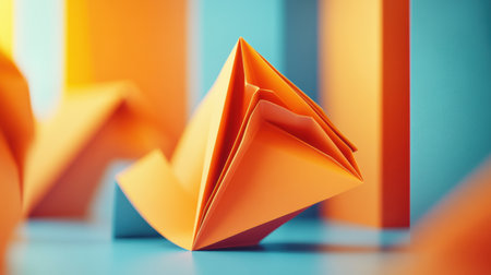 A brightly colored origami boat is positioned among geometric shapes, creating a dynamic visual interaction with vibrant tones.の素材