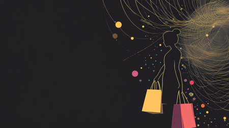 A silhouette is seen holding vibrant shopping bags, immersed in an abstract backdrop that features swirling lights and shapes.の素材