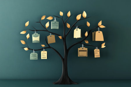 A unique tree features abstract branches covered with price tags and discount symbols instead of leaves, emphasizing a clever marketing concept.の素材