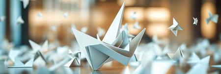 Delicate paper boats and stars drift around in a tranquil indoor space illuminated by soft, warm light, creating a whimsical atmosphere.の素材