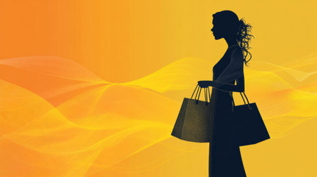 A woman holds shopping bags in a silhouette form, set against a warm orange gradient that suggests evening or twilight hours.の素材