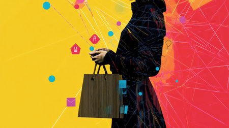 Stylized silhouette of a person holding shopping bags is set against an abstract, vibrant backdrop, reflecting a modern shopping experience.の素材