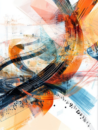 Vivid colors blend together to illustrate sound waves, musical notes, and instruments in a dynamic and abstract composition.の素材