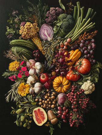 Colorful and fresh vegetables, grains, and legumes are artistically displayed, showing a variety of textures and colors against a dark backdrop.の素材