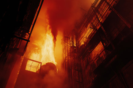 Fire erupts from an industrial furnace, illuminating the factory with molten steel and creating an intense and captivating glow.の素材