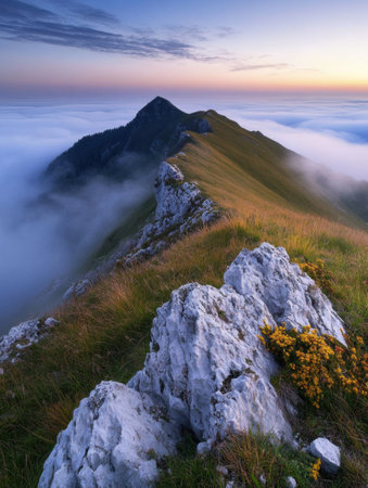 Fog envelops the grassy mountain slopes as the sun rises, creating a stunning view of nature's beauty at dawn.の素材