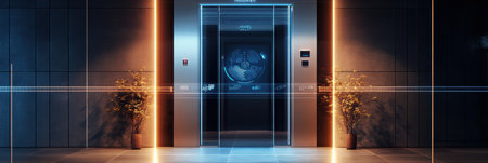 This high-tech entryway showcases smart security solutions like motion sensors and a fingerprint scanner for enhanced safety.の素材