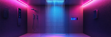 This modern bathroom showcases a smart shower with an advanced touch control panel and vibrant ambient lighting, creating a relaxing atmosphere.の素材
