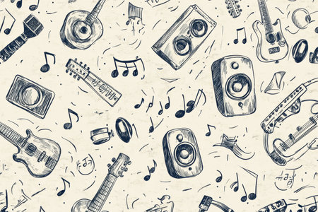Doodle pattern filled with an array of musical instruments, notes, headphones, and sound waves, highlighting a vibrant music theme.の素材