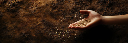 A hand releases small seeds into freshly tilled soil, preparing for a fruitful planting season to nourish the earth.の素材