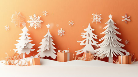 Crafting seasonal cheer with a holiday card showcasing delicate cut-out trees and whimsical decorations in soft orange hues.の素材