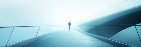 A lone individual walks across a lengthy bridge shrouded in mist during the early morning hours, creating an atmosphere of solitude.の素材