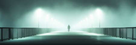 A lone individual peacefully strolls along a deserted bridge, enveloped in fog, illuminated by soft lights, creating a serene atmosphere.の素材