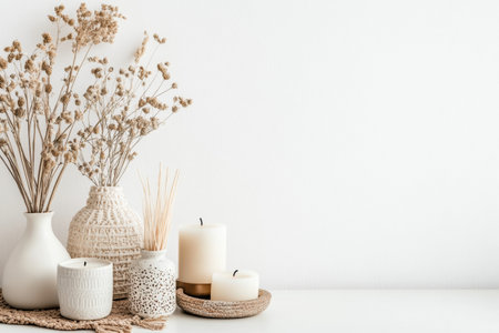 A stylish arrangement of decorative vases, organic candles, and small plants creates a serene atmosphere on a clean white surface.の素材